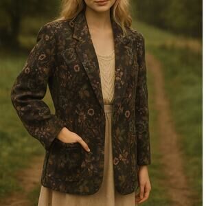 Vintage Floral Tapestry Blazer Jacket Open Front Boxy Fit Boho Cottagecore 90s